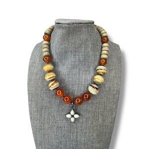 Lucky Brand Beaded Necklace Wood Carnelian Glass 16" Toggle Clasp